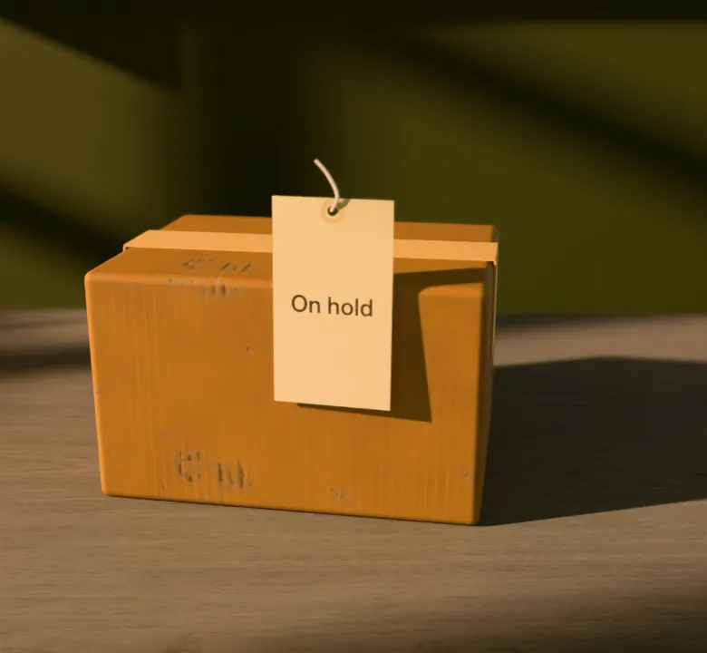 A parcel on the counter of a vintage shop, with a hang tag on it reading On hold
