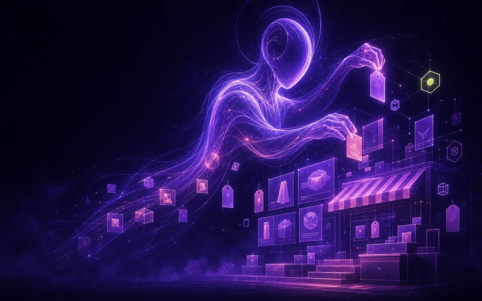 A luminous AI agent assembling an online storefront out of light — product cards, prices, and inventory falling into place.