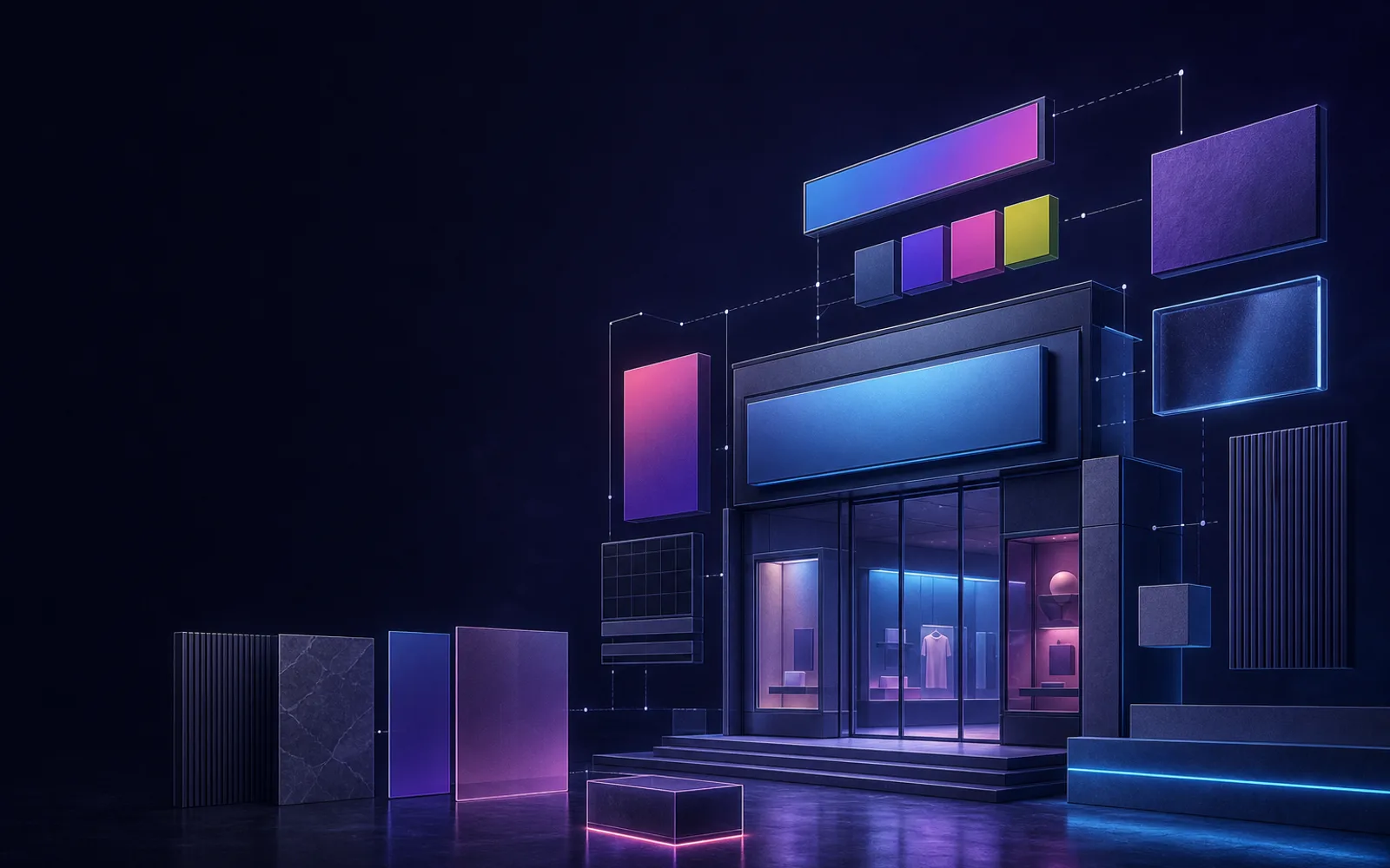 A storefront facade being dressed — modular theme sections and swatches snapping into a clean shop layout.