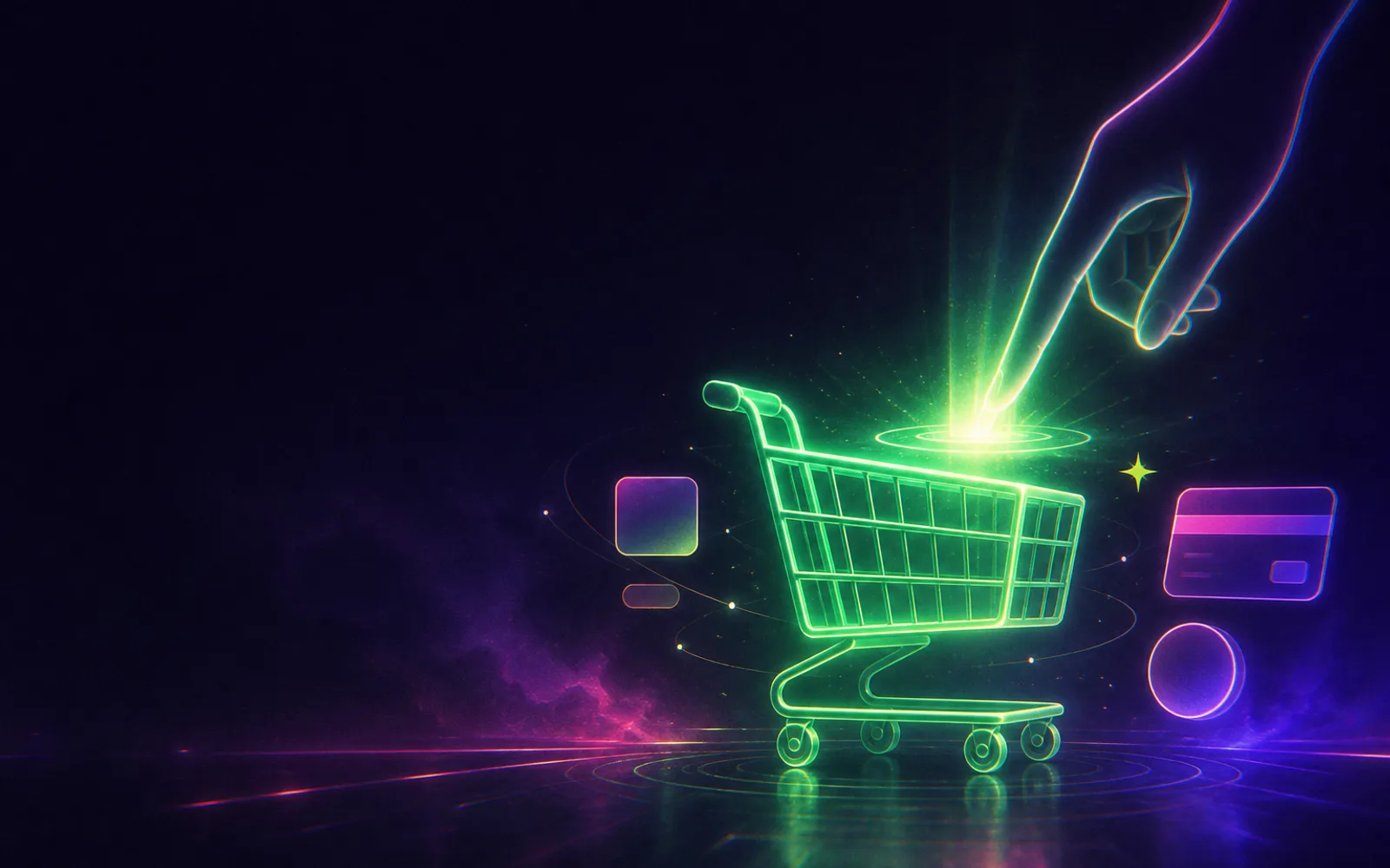 A frictionless checkout — a glowing cart and a single confident tap as a payment completes.