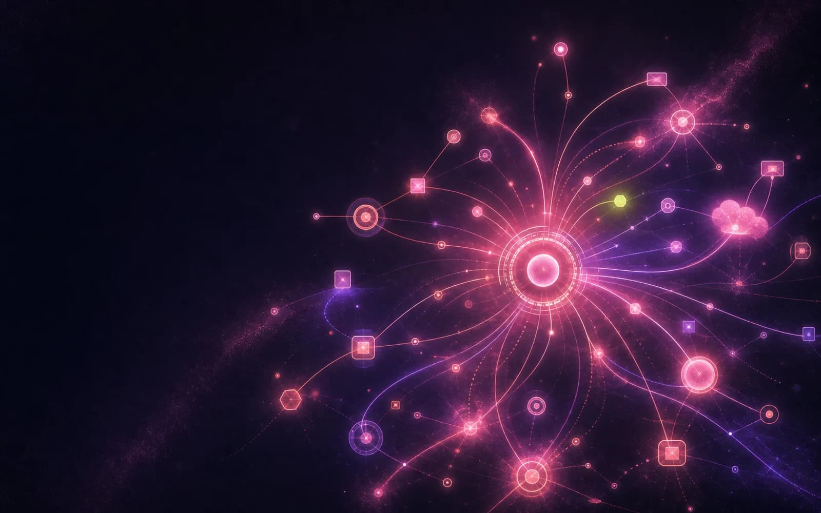 Marketing on autopilot — campaign signals and audience nodes radiating outward like a controlled bloom.