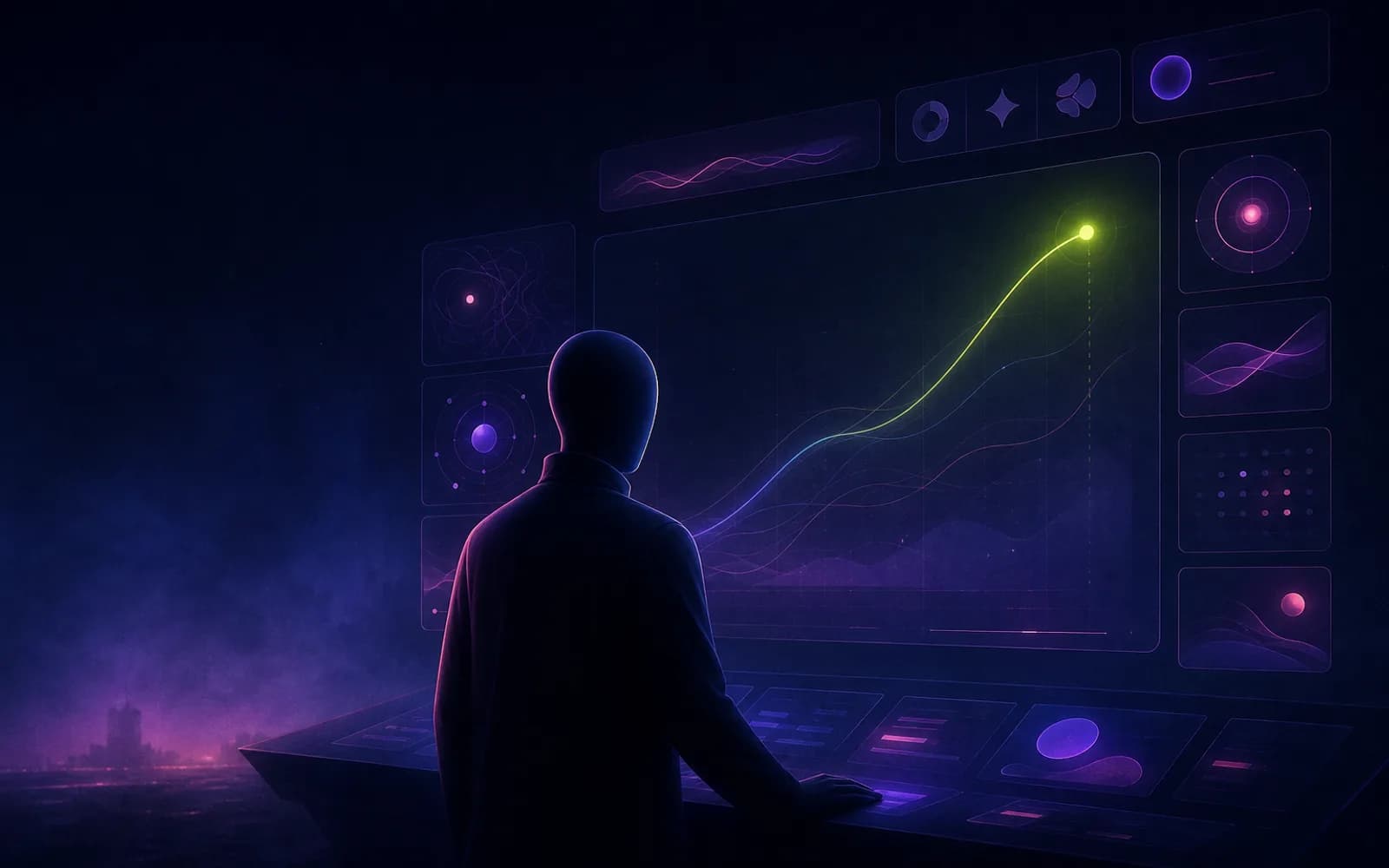 A calm command view — a merchant before a softly glowing dashboard of ROI, cohorts, and insight.