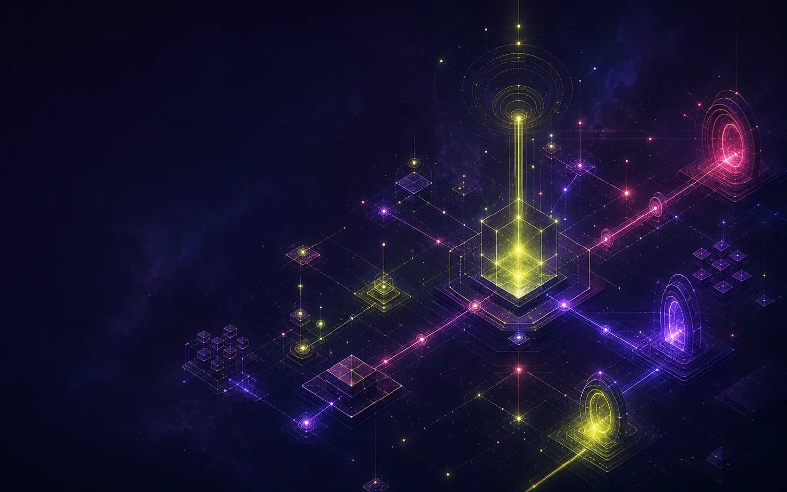 An opening developer platform — APIs and agent gateways rendered as connecting nodes of light.